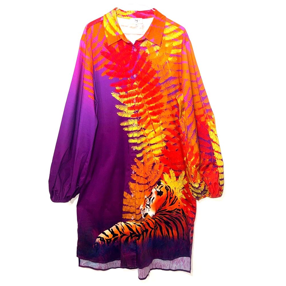Sassy Jones Vibrant Leaf Tiger Print Maxi Length Shirt Dress - 1X